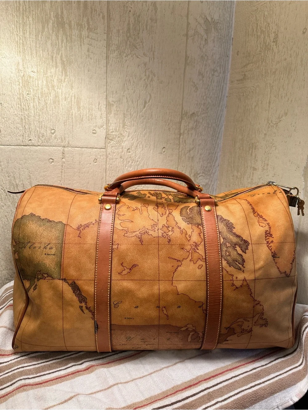 Alviero Martini Brown Geo-Print Leather Travel Weekender